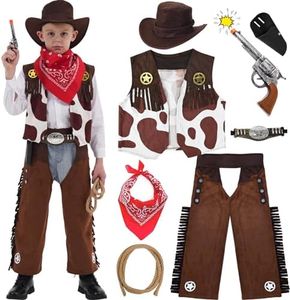 Ulikey Disfraz Vaquero Niño, Chaleco Cowboy Niño Disfraz con Gorro Pañuelo Juguetes Accesorios, Disfraces Vaqueros del Oeste para Halloween Navidad Fiesta Carnaval Cosplay Disfraces para Niños (L)