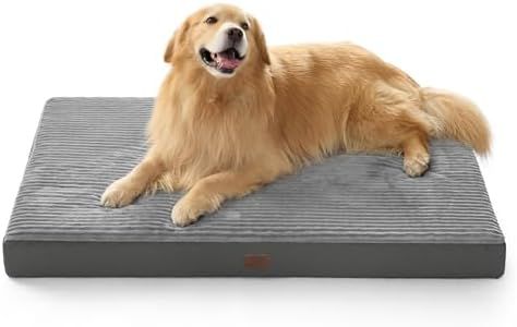 Bedsure ComfyFleece XXL Dog Bed, 119x74x10CM Extra Large Orthopedic Dog Crate Bed with Removable Washable Cover, NOT Waterproof Egg Crate Foam Dog Bed Mat with Anti-Slip Bottom, NOT Chewproof, Grey
