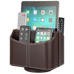 Hossejoy Remote Control Holder 5 Compartments 360 Degrees Rotatable Desktop Supply Organizer PU Leather Storage Caddy Box for TV Guide, Mail,Electronics,Phone,Eyeglasses,Cosmetic Pens,Brown