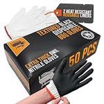 Black Disposable BBQ Gloves Kit with 50 Heavy Duty Textured Fingertip Grips and 2 Heat Resistant, Washable, Reusable Glove Liners for BBQ Cooking Gloves, Grilling Gloves, Meat Gloves for Pulling Meat