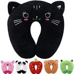 Fiacvrs Kids Travel Pillow Cute Animal Neck Pillow Support U Shaped Pillow, Comfortable in Any Sitting Position in Airplane,Car,Train for Kids (Black Cat)