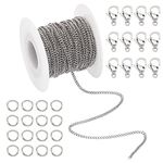PandaHall Elite 33 Feet 304 Stainless Steel Curb Cable Chain Link Necklace Width 2mm with 20 Lobster Clasps and 30 Jump Rings for Jewelry Making