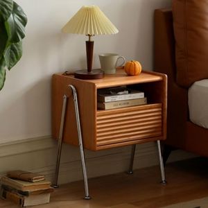 Wayshome 100% Solid Cherry Wood Nightstand, Mid Century Side Tables with Drawer & Storage, Fluted Night Stand with Adjustable Metal Legs, Wood End Table for Bedroom, Living Room(Brown, 22.04" H)