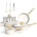 Pots and Pans Set Nonstick, 11 PCS Kitchen Cookware Sets, White Granite Induction Cooking Set with Frying Pans, Saucepans, Steamer Silicone Shovel Spoon & Tongs, Dishwasher Safe (PFOS, PFOA Free)