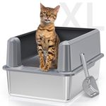 Suitfeel Enclosed Stainless Steel Cat Litter Box with Lid, Odorless XL Metal Litter Box for Big Cats, Extra Large Kitty Litter Box, Easy Clean Steel Litter Box Anti-Leakage, Include Litter Scoop