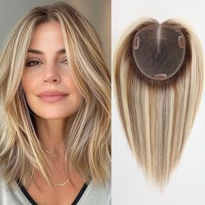 starluck Lage Swiss Base SilkHug 14 Inch Real Human Hair Toppers,60 Gram,100% Real Human Hair Toppers for Women with thinning (Blonde Mixed Brown with Dark Brown Roots,no Bangs)