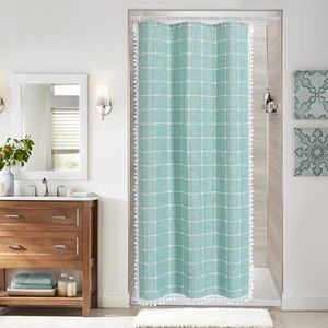 MitoVilla Teal Blue 36 x 72 Boho Small Stall Shower Curtain, Turquoise Narrow Cotton Linen Fabric Shower Curtains for Farmhouse Bathroom Decor, Half Size Cloth Shower Curtain Set with Hooks
