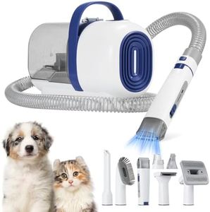 Petzly Dog Grooming Vacuum, 10000Pa Strong Pet Vacuum, 7 in 1 Dog Grooming Kit with 5 Suction Mode and 2L Large Dust Cup for Shedding Pet Hair, Low Noise Electric Clipper and Brush, Blue&White