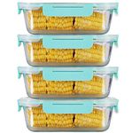 Allo Food Safe High Borosilicate 1040ml Rectangle Glass Food Storage Container with Break Free Detachable Lock, Oven Safe, Microwave Safe, Leak Proof - Set of 4, Transparent