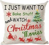 Ramirar I Just Want to Bake Stuff and Watch Christmas Movies Deers Trees Bells Snowflakes Decorative Throw Pillow Cover Case Home Living Room Bed Sofa Car Cotton Linen Square 18 x 18 Inches