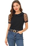 Allegra K Women's Peter Pan Collar Top Vintage Polka Dots Mesh Sleeve Blouse Black XL-20