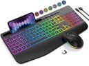 Wireless Keyboard and Mouse Combo, 9 Backlit Effects, Wrist Rest, Phone Holder, 2.4G Lag-Free Ergonomic Keyboards, Rechargeable Silent Cordless Set for Computer, Laptop, PC, Mac, Windows -SABLUTE