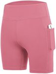 DEVOROPA Girls 5" Spandex Volleyball Shorts Stretch Youth Athletic Gymnastics Shorts Kid Yoga Dance Compression Shorts Pocket, Pink, Medium