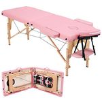 Yaheetech Multi-Functional Massage Bed Folding Beauty Bed Spa Salon Therapy Couch with Adjustable Wooden Legs 2 Sections Pink