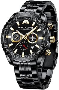 MEGALITH Mens Watches Chronograph Waterproof: Black Stainless Steel Analog Quartz Large Face Watches for Men Dress Fashion Unique Luminous Date Wrist Watch Gifts for Men