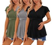 Ekouaer Maternity Shirts 3 Packs Flying Short Sleeve Nursing Tops Pregnancy Clothes Army Green + Grey + Black L