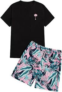 Floerns Men's Graphic Print T Shirt Drawstring Waist Shorts Set 2 Piece Outfit Black Leaf Tropical S