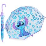 Disney Clear Dome Umbrella for Girls - Folding Transparent Umbrella Lightweight - School Days Out (Blue/Purple Stitch)