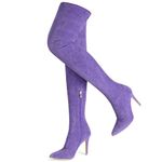 Jiu du Thigh High Boots for Women Pointed Toe Stiletto Over The Knee Boots Suede Side Zipper High Heel Boots, Purple, 8