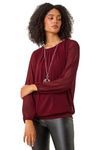 Roman Originals Chiffon Overlay Top with Necklace for Women UK Ladies Smart Evening Blouse Fitted Stretchy Going Out Elegant Sparkly Party 3/4 Length Sleeve V-Neck Silk - Plain Wine - Size 12