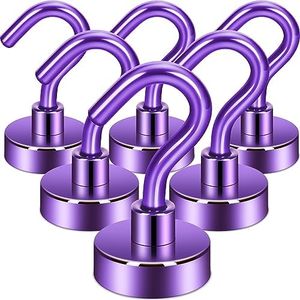 Neosmuk Magnetic Hooks, 30lb+ Heavy Duty Earth Magnets with Hook for Refrigerator, Extra Strong Cruise Hook for Hanging, Magnetic Hanger for Cabins, Grill (Purple, Pack of 6)