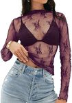 MEROKEETY 2024 Womens Mesh Sheer Long Sleeve Layering Top Sexy Y2k Mock Neck Floral Lace See Through Shirt Blouses Purple Small