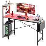 Bestier Gaming Desk with LED Lights, Computer Desk with 4 Tiers Reversible Shelves, 51.3 Inch Home Office Writing Desk with Side Storage Bag, Hooks and Height Adjustable Shelf Retro Grey Oak