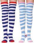 MOGGEI Womens Thigh High Fuzzy Socks Over Knee High Striped Stocking Stuffers Fluffy Cozy Slipper Fleece Gift Socks 2 Pairs (Blue & White Striped)