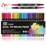 Dual Tip Brush Markers Pen, ABEIER 24 Colors Coloring Markers Watercolor Paint Pen for Adult Students, Painting, Lettering, DIY Card Making, Books Craft Coloring Doodling with Fine Liner Tip and Brush