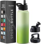 FineDine Triple Walled, Insulated Water Bottles with Straw - 40 Oz Stainless Steel Metal Bottle W/ 3 Leak Proof Lids - For Travel, School, Sports, Gym / Men, Women & Kids - Dreamy Green