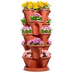 T4U 5 Tier Vertical Garden Plastic Planter, Stackable Strawberry and Herb Pots with Saucer for Vegetable Flower Plants, Self Watering Garden Tower for Indoor Outdoor Balcony Patio Porch, Red