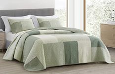 Chezmoi Collection Elm 3-Piece Chic Patchwork Quilt Set - Green Floral Striped Coverlet - Pre-Washed Cotton Lightweight Reversible Bedspread, King Size