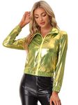 Allegra K Women's Halloween Track Jacket Holographic Shiny Long Sleeve Metallic Zip Front Jacket Green Gold X-Large