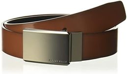 Perry Ellis Men's Portfolio Leather Reversible Belt with Matte Gunmetal Plaque Buckle (Sizes 30-44 Inches), Brown/Black, 32