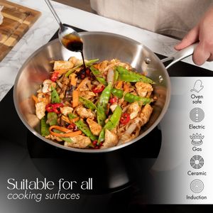 nuovva Stainless Steel Non-Stick Wok – 28cm Induction Stir Fry Pan with Glass Lid