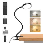 Reading Light with Remote, LED Desk Lamp Clip on [1H Timer & Nightlight] RA>95 Dimmable Flexible Gooseneck, USB Reading Lamp Clamp for Table - 3.5'' (Adapter Included) -Black