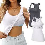 V FOR CITY Cotton Tank Top with Built in Bra for Women Racerback Workout Tops Slim Fit Undershirt 2 Pack Gray/White