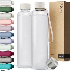 KIVY Slim Water Bottle 32oz [Lightweight & Shatterproof] Fits Backpack & Cupholder for Travel, Sports, School, Gym - Clear water bottle with measurements - Transparent Tritan Beige - Dishwasher Safe