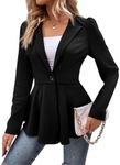 OYOANGLE Women's Long Puff Sleeve Button Front Lapel Neck Office Work Peplum Blazer Jacket Black M