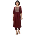 NAINVISH Women's Crepe A-Line Embroidered Kurti With Pant (SD092-S_Maroon)