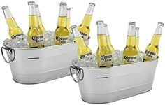 Ice Bucket Galvanized Tub, 2 Pcs 3 Gallon Oval Beverage Tub, Drink Cooler Ice Buckets for Parties, Metal Bucket with Handle for Beer Whiskey Wine and Cocktails (Stainless Steel)