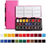 rubens Watercolor Paint Set, 24 Vivid Colors Transparent Watercolor, Artist Solid Watercolor Paint, Professional Travel Water Color, Portable Art Paint Supplier Pink Box for Beginner, Student, Adult