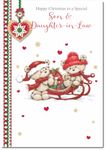 doodlecards Son & Daughter-In-Law Christmas Card Two Cute Bears on Sled Medium Size with Plain Envelope