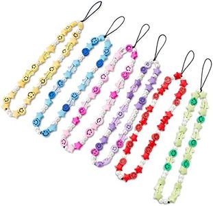 6Pcs Phone Lanyard Wrist Strap, Smiley Face Beaded Phone Charms Rainbow ClayFruit Star Letter Pearl Mobile Phone Chain for Women Summer Beach Accessory, acrylic beads polymer clay faux pearl, plastic,