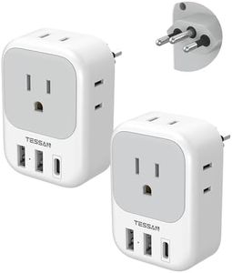 TESSAN Brazil Plug Adapter 2 Packs, 7 in 1 US to Brazil Power Adapter with 3 USB Ports (1 USB-C Port) 4 American Outlets, Type N Adaptor for USA to Brazilian