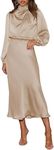 Womens Elegant Long Sleeve Satin Dress Mock Neck Elastic Waist Cocktail Party Wedding Guest Midi Dresses Apricot S