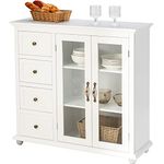 Harmony-Furniture White Sideboard Buffet Cabinet, Bathroom Floor Cabinet with 4 Drawers, Freestanding Pantry Cupboard w/Glass Door & 2 Shelves, Console Table, Small Kitchen Coffee Bar Cabinet