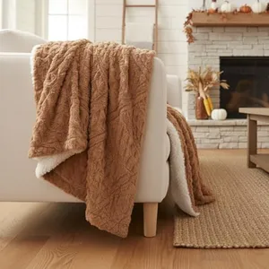 Tache Caramel Brown Faux Fur Throw Blanket - Chevron Geometric Embossed Super Soft Warm Fluffy White Sherpa Plush - 90" x 90"