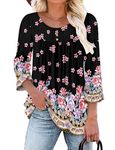 KISSMODA Womens 3/4 Ruffle Sleeve Tunic Tops Crewneck Casual Floral Blouses Flowy Dressy Shirts with Button 2024 Trendy BlackFlo Medium