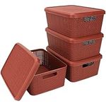 Belle Vous 4 Pack of Plastic Storage Boxes with Lids & Handles - 6L Stackable/Nestable Containers - Rectangular Organiser Bins for Home, Living Room, Shelf/Shelves or Office - Brown